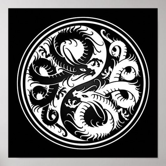 White en Black Yin Yang Chinese Dragons Poster (Voorkant)