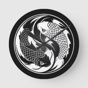 White en Black Yin Yang Koi Fish Ronde Klok