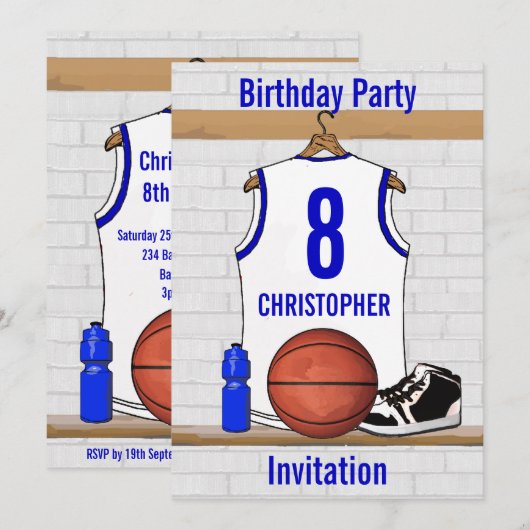 White en Blue Basketball Jersey Birthday Party Kaart (Voorkant / Achterkant)