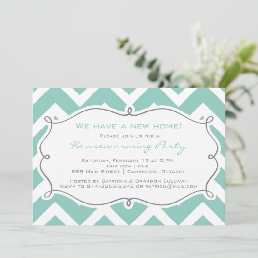 White en Blue Chevron Housewarming Party Invite Kaart (Staand voorkant)