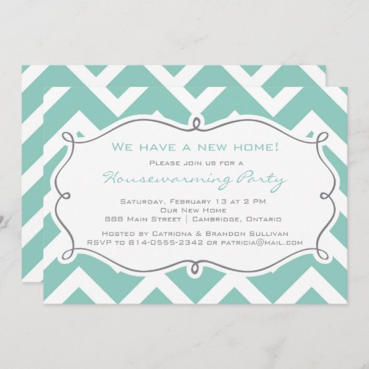 White en Blue Chevron Housewarming Party Invite Kaart (Voorkant / Achterkant)