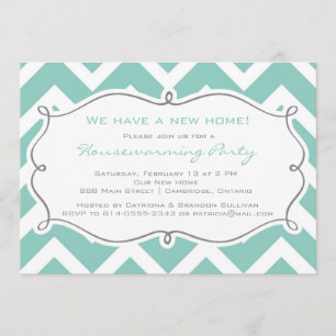 White en Blue Chevron Housewarming Party Invite Kaart