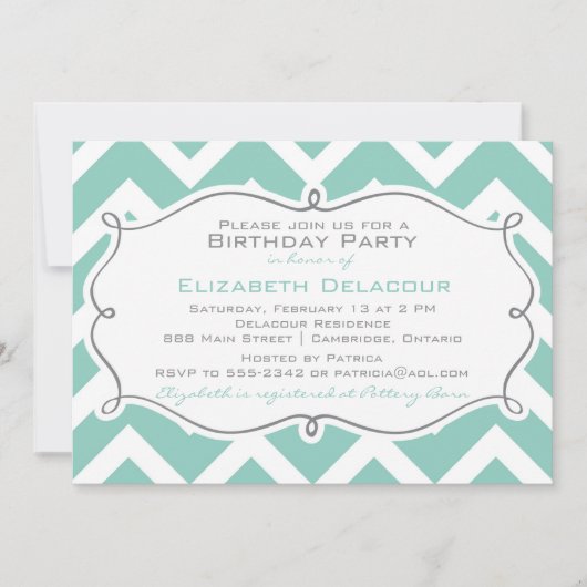 White en Blue Chevron Modern Birthday Invitation Kaart (Voorkant)