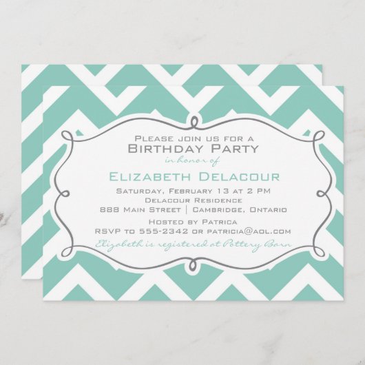 White en Blue Chevron Modern Birthday Invitation Kaart (Voorkant / Achterkant)