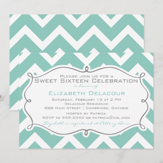 White en Blue Chevron Sweet Sixteen Uitnodiging (Voorkant / Achterkant)