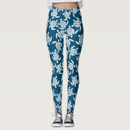 White en Blue Coastal Style Turtle Pattern Leggings