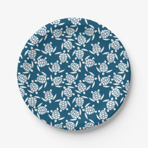 White en Blue Coastal Style Turtle Pattern Papieren Bordje
