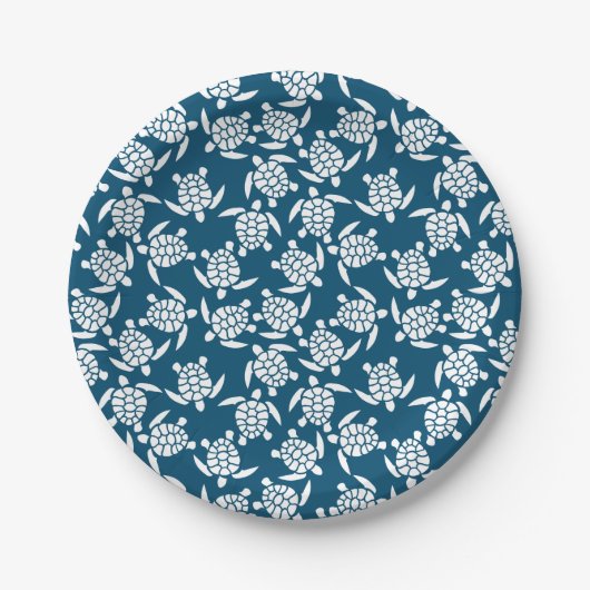 White en Blue Coastal Style Turtle Pattern Papieren Bordje (Voorkant)