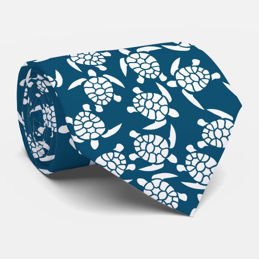 White en Blue Coastal Style Turtle Pattern Stropdas (Opgerold)