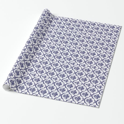 White en Blue Floral Damashen 4-patroon Cadeaupapier (Uitgerold)