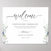 White en Blue Floral, Unplugged Ceremony Sign Poster (Voorkant)