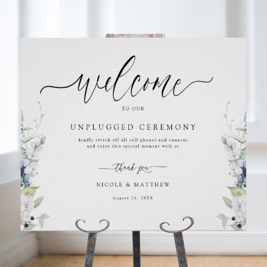 White en Blue Floral, Unplugged Ceremony Sign Poster