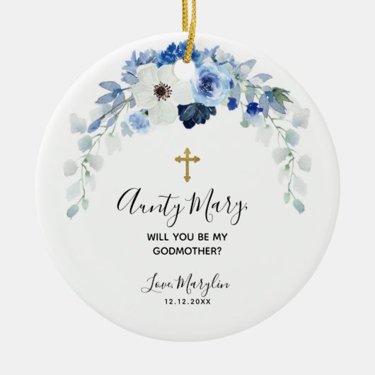 White en Blue Floral... word jij mijn Godmoeder? Keramisch Ornament (Voorkant)