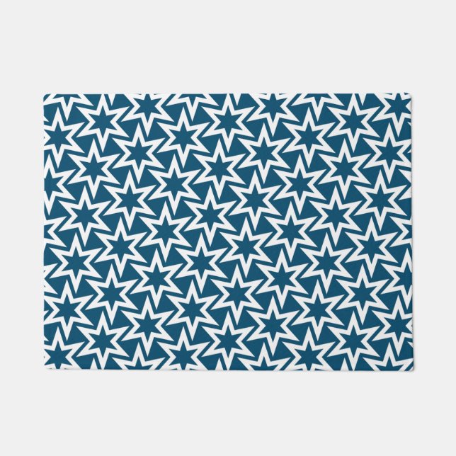 White en Blue Geometric Star Pattern Deurmat (Voorkant)