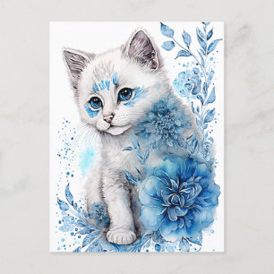 White en Blue Kitten met bloemen Briefkaart