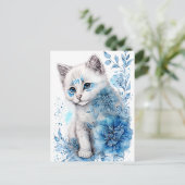 White en Blue Kitten met bloemen Briefkaart (Staand voorkant)