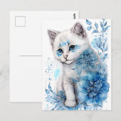White en Blue Kitten met bloemen Briefkaart (Voorkant / Achterkant)