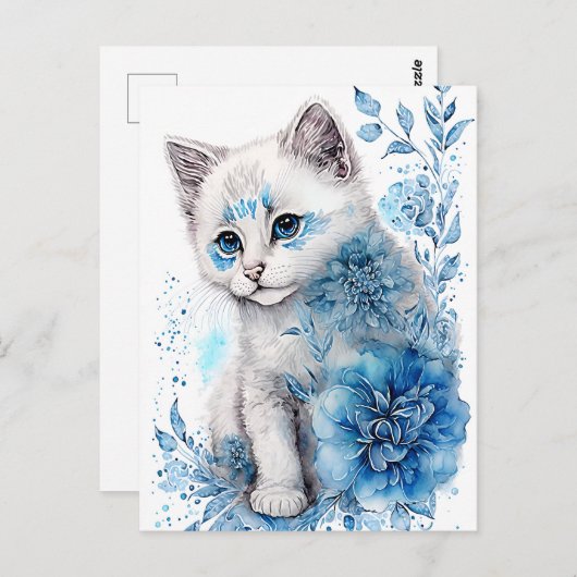 White en Blue Kitten met bloemen Briefkaart (Voorkant / Achterkant)