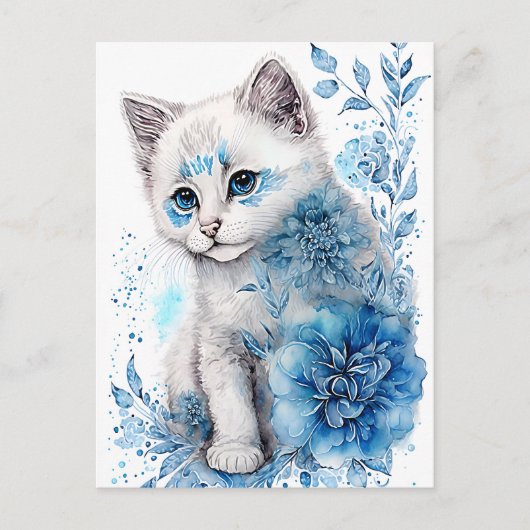 White en Blue Kitten met bloemen Briefkaart (Voorkant)