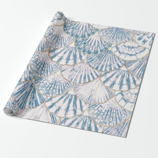 White en Blue Mermaid Scales Pattern Cadeaupapier (Uitgerold)
