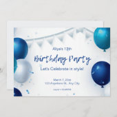 White en Blue Modern Birthday Party Kaart (Voorkant / Achterkant)