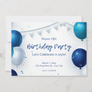 White en Blue Modern Birthday Party Kaart