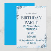 White en Blue Modern Birthday Party Kaart (Voorkant / Achterkant)