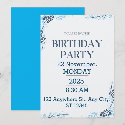 White en Blue Modern Birthday Party Kaart (Voorkant / Achterkant)