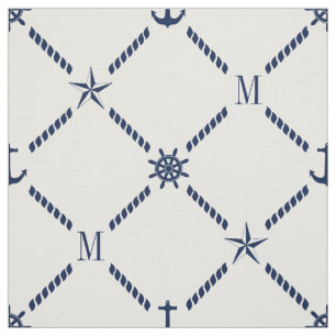 White en Blue Nautical Monogram Stof