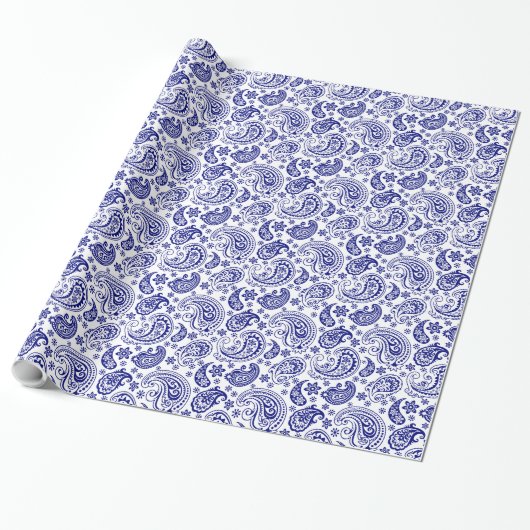 White en Blue Paisley Pattern Cadeaupapier (Uitgerold)