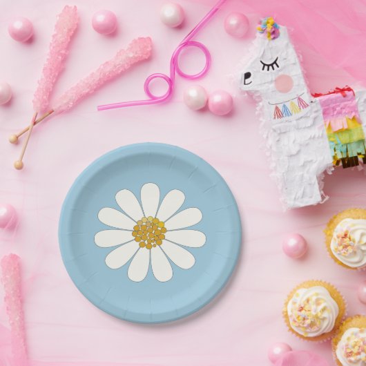 White en Blue Retro Modern Daisy Flower Papieren Bordje (Feest)