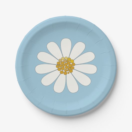 White en Blue Retro Modern Daisy Flower Papieren Bordje (Voorkant)