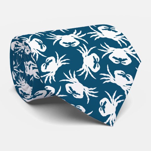 White en Blue Seamless Crab Pattern Stropdas (Opgerold)