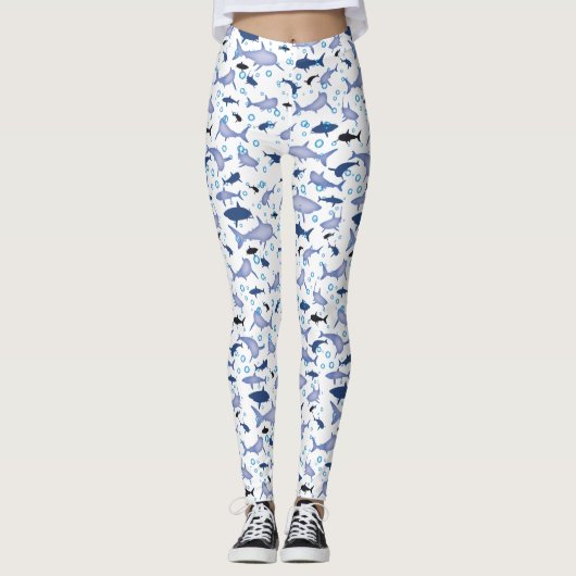 White en Blue Shark Silhouette Pattern Leggings (Voorkant)