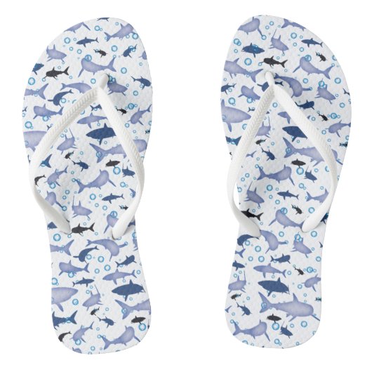 White en Blue Shark Silhouette Pattern Teenslippers (Voetbed)