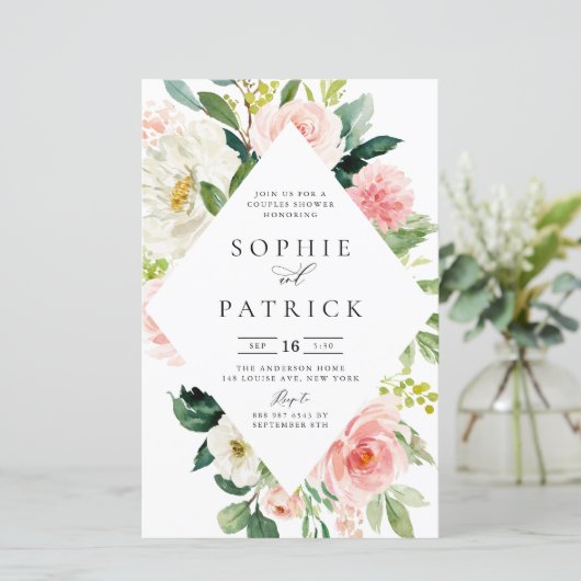 White en Blush Floral Lijst Couples Shower Invite (Staand voorkant)