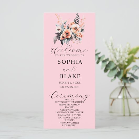White en Blush Flowers Pink Wedding Programme (Staand voorkant)