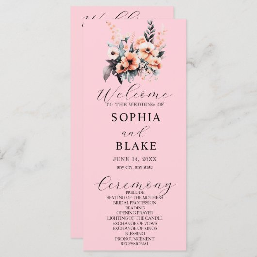 White en Blush Flowers Pink Wedding Programme (Voorkant / Achterkant)