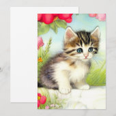  White en Brown Kitten met bloemen Aankondiging (Voorkant / Achterkant)