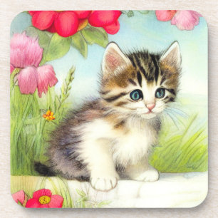 White en Brown Kitten met bloemen Bier Onderzetter