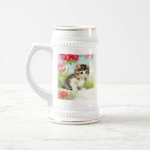 White en Brown Kitten met bloemen Bierpul