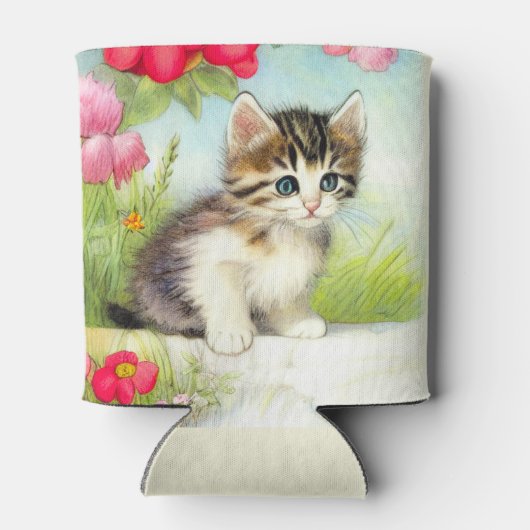White en Brown Kitten met bloemen Blikjeskoeler (Achterkant)