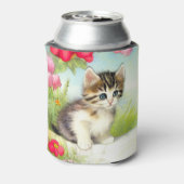 White en Brown Kitten met bloemen Blikjeskoeler (Blikje Achterkant)