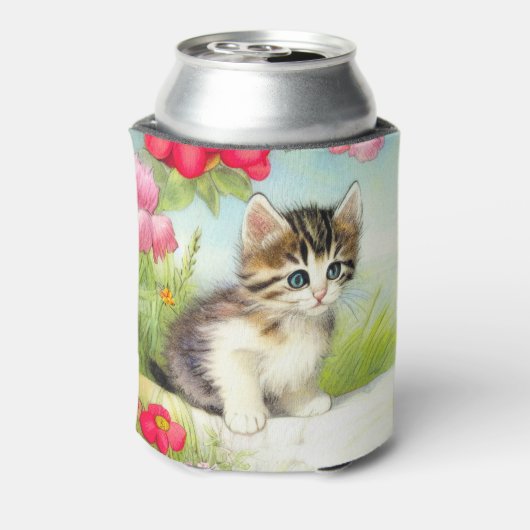  White en Brown Kitten met bloemen Blikjeskoeler (Blikje Achterkant)