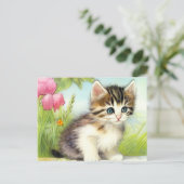  White en Brown Kitten met bloemen Briefkaart (Staand voorkant)