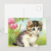  White en Brown Kitten met bloemen Briefkaart (Voorkant / Achterkant)