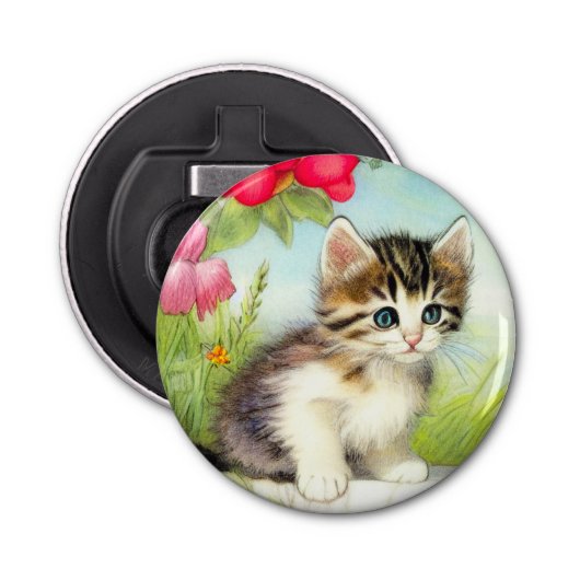  White en Brown Kitten met bloemen Button Flesopener (Voorkant)