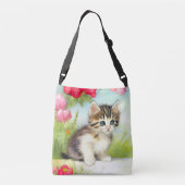  White en Brown Kitten met bloemen Crossbody Tas (Achterkant)