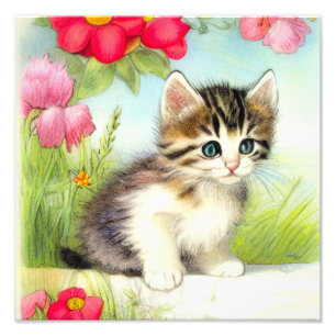  White en Brown Kitten met bloemen Foto Afdruk