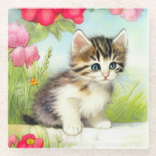  White en Brown Kitten met bloemen Glazen Onderzetter